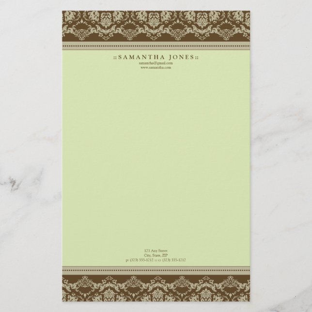 Baroque Damask Designer Geschichten: Salbei Briefpapier (Vorderseite)