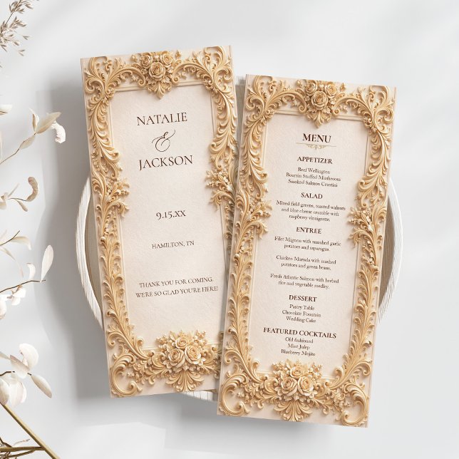 Baroque Elegant Gold Floral Wedding Menu Menükarte (Baroque Elegant Gold Floral Wedding Menu)