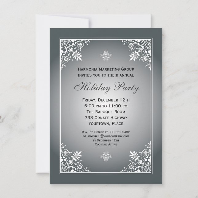 Baroque Elegante Silver Corporate Holiday Party Einladung (Vorderseite)