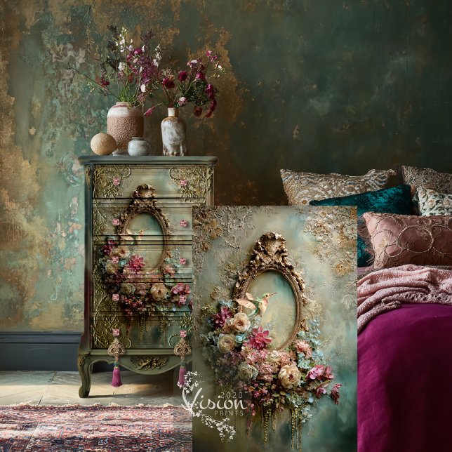 Baroque Ethereal Hummingbird Oval Frame & Floral Seidenpapier (Hummingbird, Vintage Oval Frame, Muted teal & pink, Ethereal Floral Decoupage Tissue Paper)