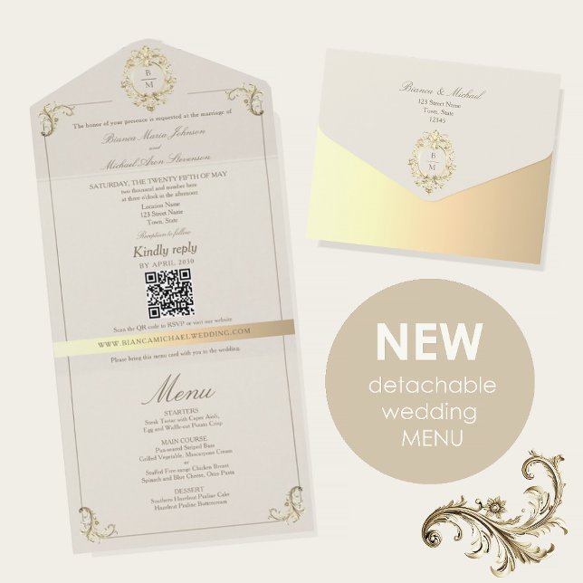 Baroque Gold All In One Wedding Invite + Menu All In One Einladung (Von Creator hochgeladen)