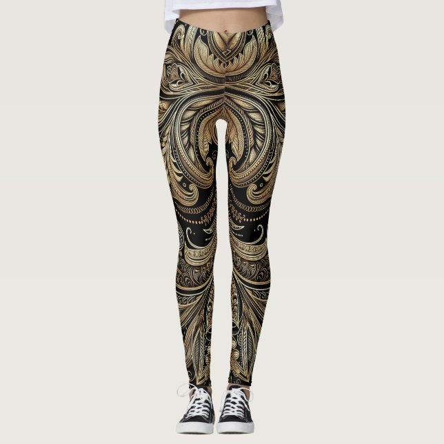 Baroque Gold Elegante Luxuriöse Ornamente Leggings (Vorderseite)