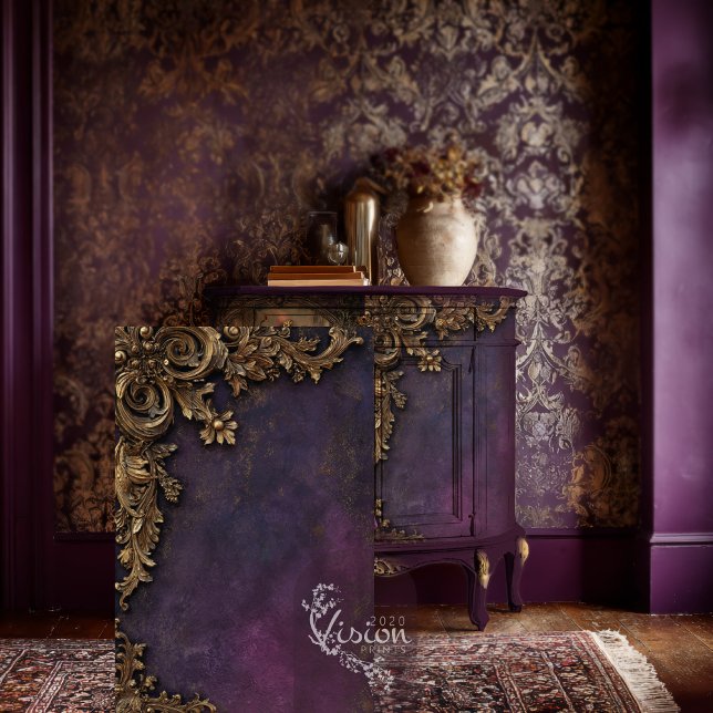 Baroque Gold Frame On Purple Damask Seidenpapier (Gold Gilded Baroque, Art Deco, Moody Purple Backdrop, Decoupage Tissue Paper.)