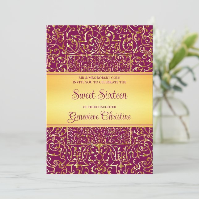 Baroque Gold Frame Quinceanera Einladung (Stehend Vorderseite)
