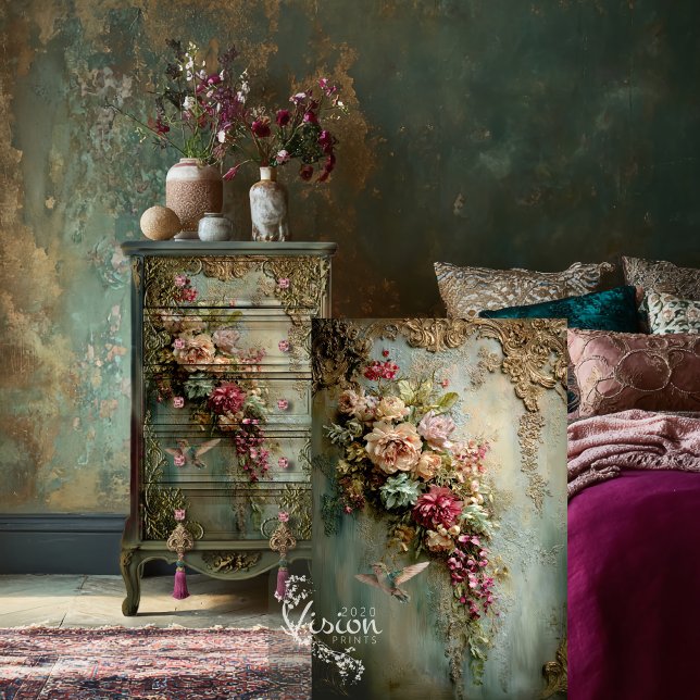 Baroque, Hummingbird & Ethereal Floral  Seidenpapier (Muted Teal and Fuchsia Pink Hummingbird & Floral, Baroque Patina Decoupage Tissue Paper.)