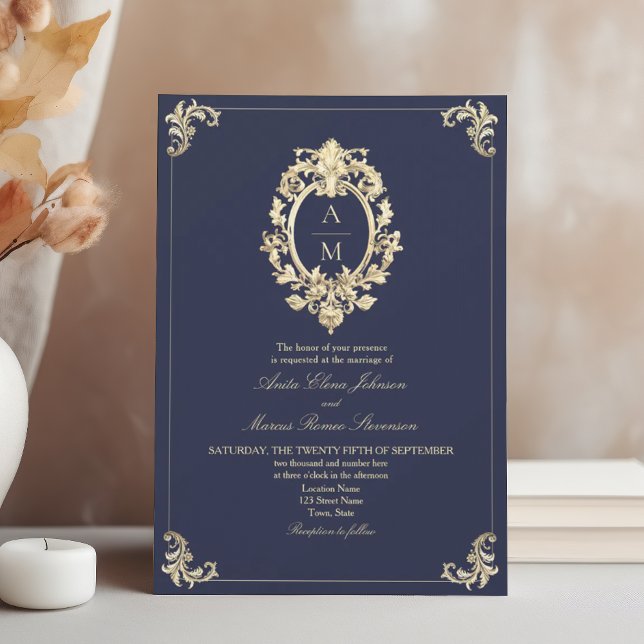 Baroque Navy Blue Gold Monogram Wedding Einladung (Von Creator hochgeladen)
