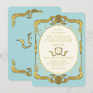 Baroque Regency Imitats Gold Blue Wedding Einladung