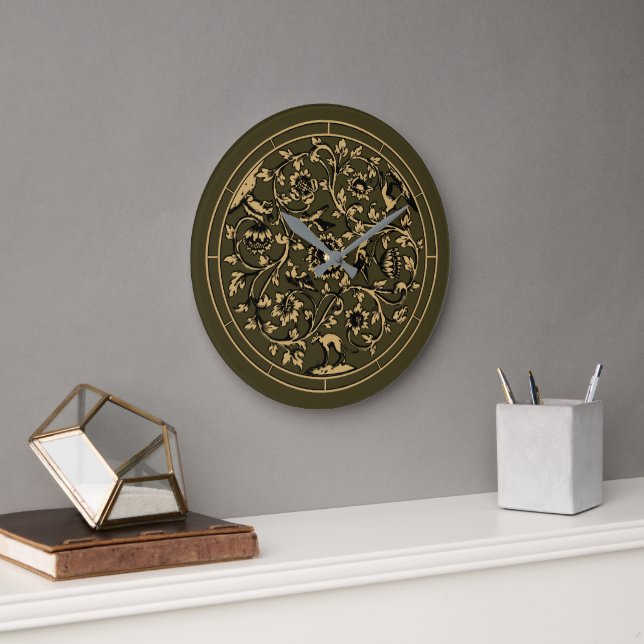 Baroque Rococo Birds Animals Floral Wreath Print Große Wanduhr (Büro)