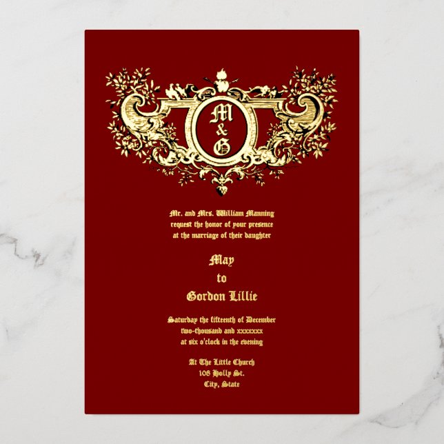 Baroque Rokoko Cartouche Flaming Hearts & Birds Folieneinladung (Vorderseite)
