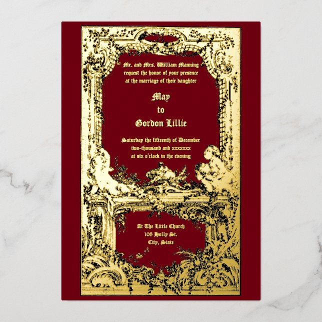 Baroque Rokoko Cherubs Floral Wedding Altar Border Folieneinladung (Vorderseite)