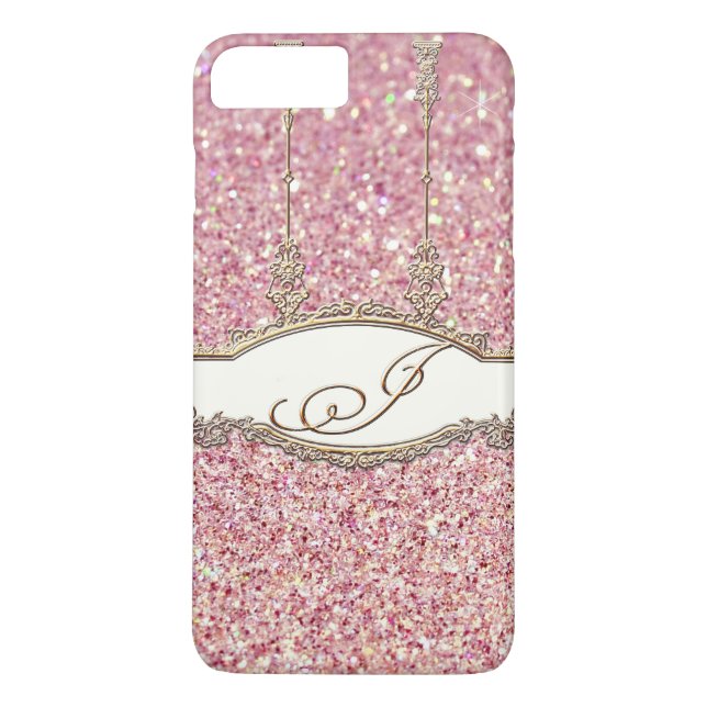 Baroque Rokoko Gold Monogram J Bokeh Glitzer Pink Case-Mate iPhone Hülle (Rückseite)