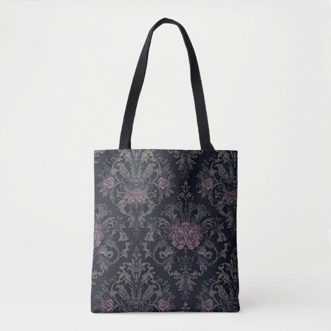 Baroque Rose Moth Tote – Gothic Floral Damask Bag Tasche (Vorderseite)