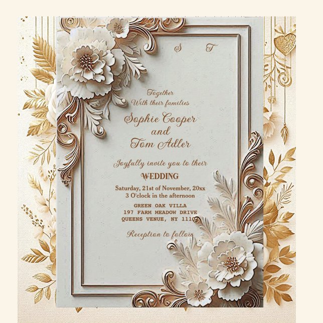 Baroque White Flowers Opulence Ivory Gold Frame  Einladung (Baroque White Flowers Opulence Ivory Gold Frame Invitation)