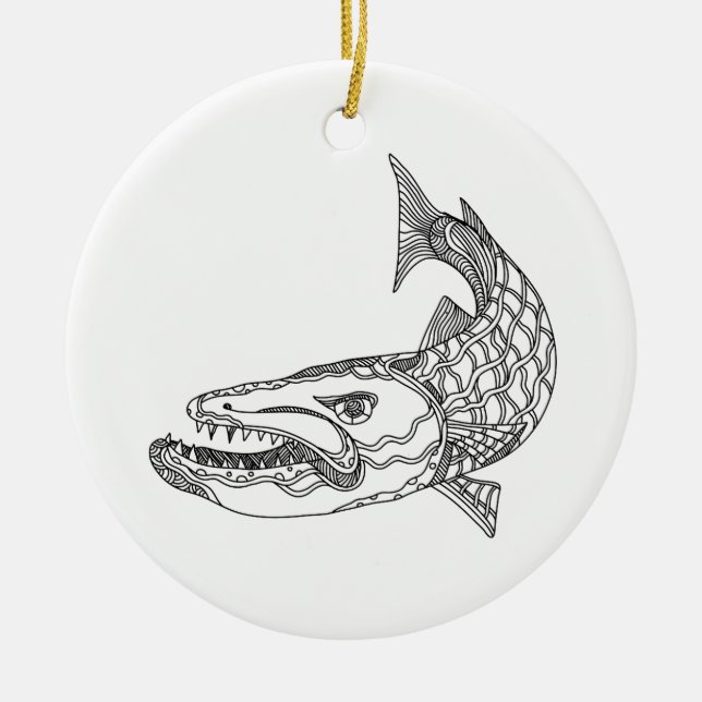 Barracuda-Fisch-Gekritzel-Kunst Keramikornament (Vorne)