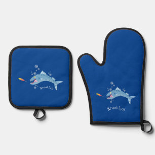 Barracuda Fisch hungriger Cartoon Ofenhandschuh & Topflappen-Set
