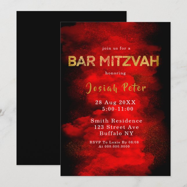 Barre de fumée noire et rouge Mitzvah Invitations (Devant / Derrière)