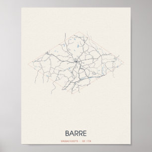 Barre, Massachusetts Straßenkarte Poster – Gegr. 1