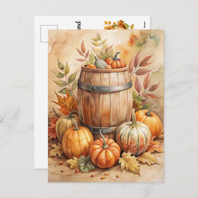 Barrel mit Pumpkins - Willkommen Fall Feiertagspostkarte (Vorne/Hinten)