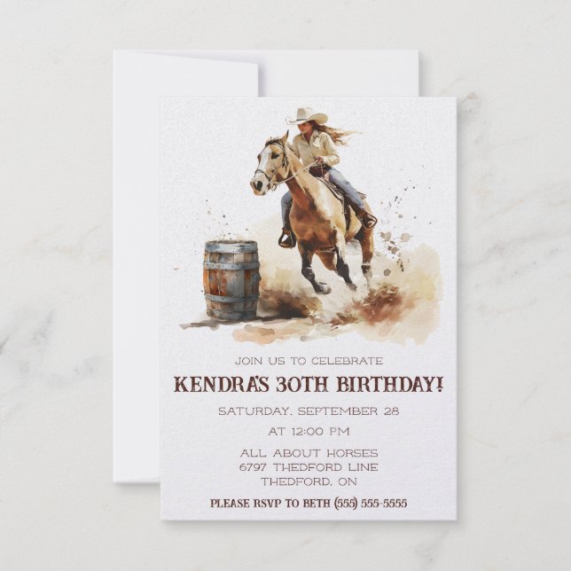 Barrel Racing, Cowgirl Birthday Party Einladung (Vorderseite)