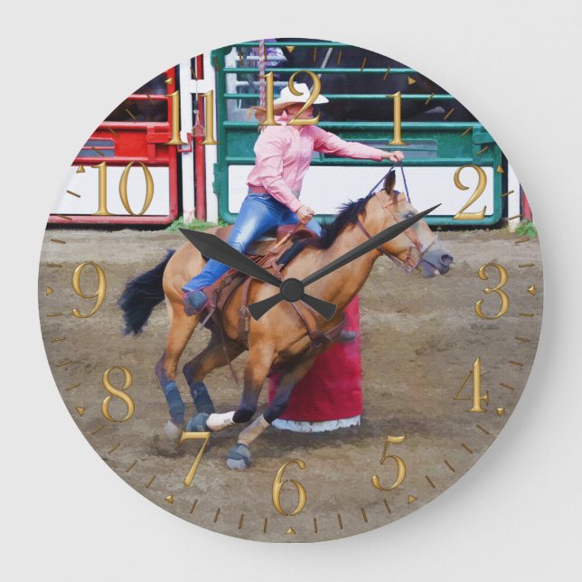 Barrel-Racing Rodeo Cowgirl Design I Große Wanduhr (Vorderseite)