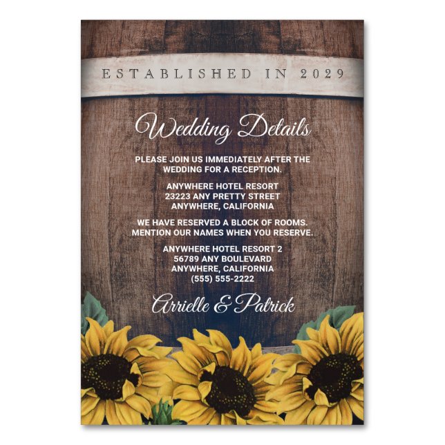 Barrel Vintag Sunflower Wedding Cards Tischnummer (Vorderseite)