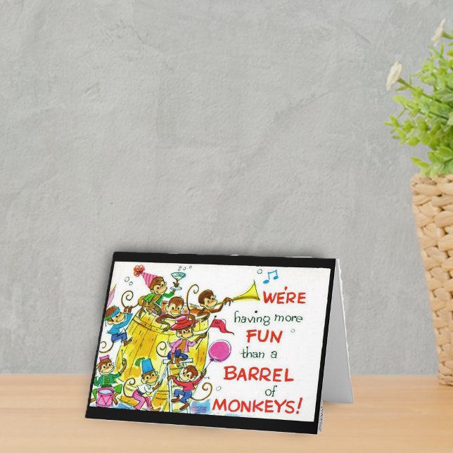 Barrel von Affen Fun Note Card Karte (Yellow barrel full of monkeys with horns and party hats balloons on notecards.)