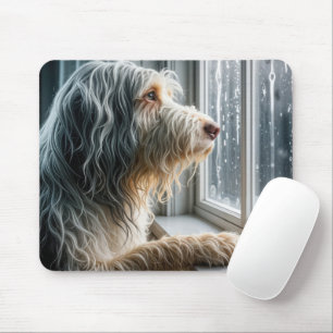Bartcollie schaut auf ein regnerisches Fenster Mousepad