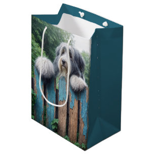 Bartcollie schaut über einen Zaun Mittlere Geschenktüte