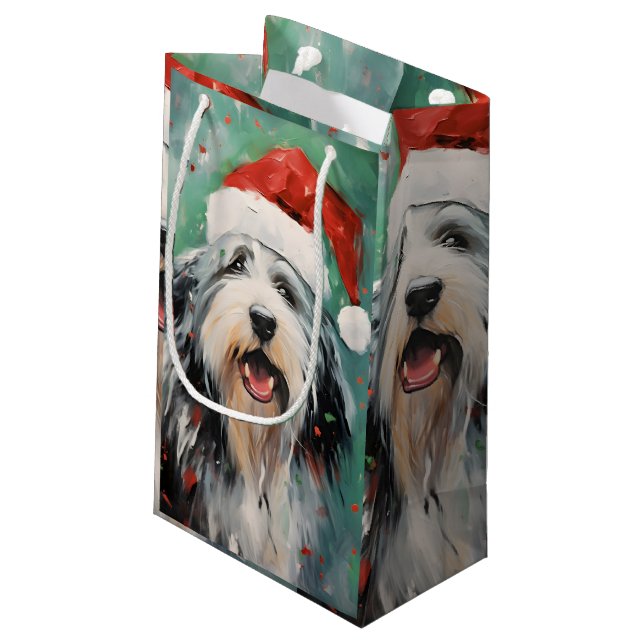Bartded Collie Weihnachtsmalerei Kleine Geschenktüte (Rückseite Schrägansicht)