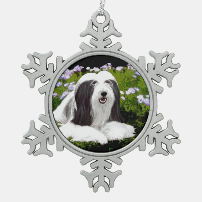 Bartete Collie Malerei - Niedliche Original Hunde  Schneeflocken Zinn-Ornament (Vorderseite)