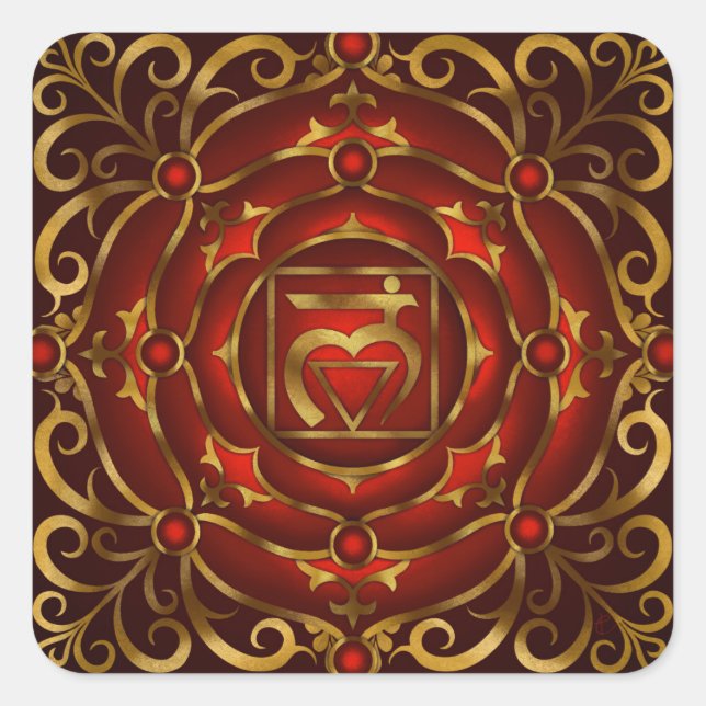 Base Chakra Mandala Print von Rachel C. Bemis Quadratischer Aufkleber (Vorderseite)