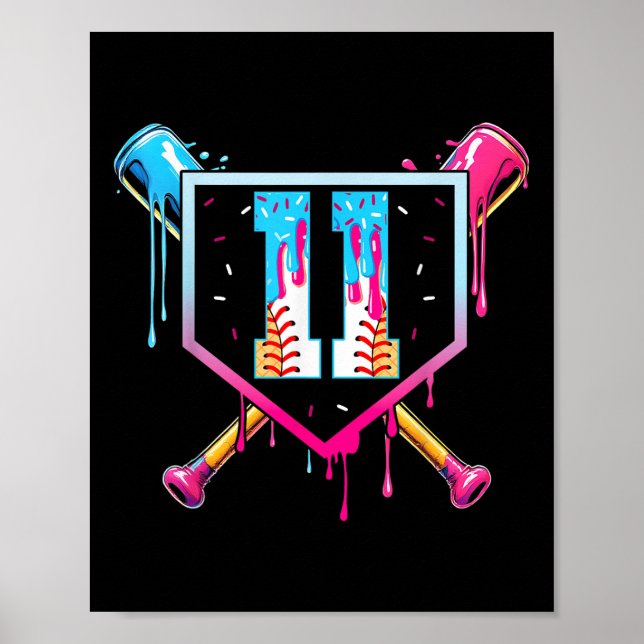 Baseball 11 Year Old Ice Cream Drip 11th Birthday  Poster (Vorne)