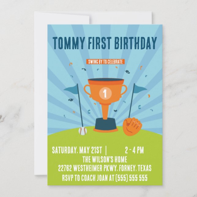 Baseball 1. Geburtstagssportthema Einladung (Vorderseite)