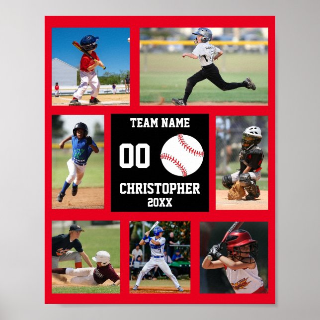 Baseball 7 Foto Collage Roter Teamname Poster (Vorne)