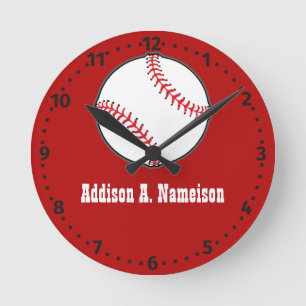 Baseball auf Roter Name Sports Room Jungen Runde U Wanduhr