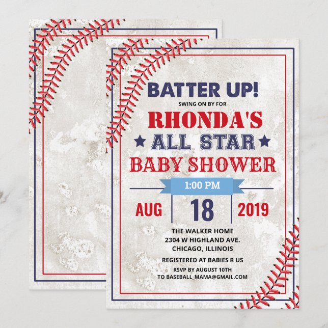 Baseball Baby Dusche Vintag Grunge Einladung (Vorne/Hinten)
