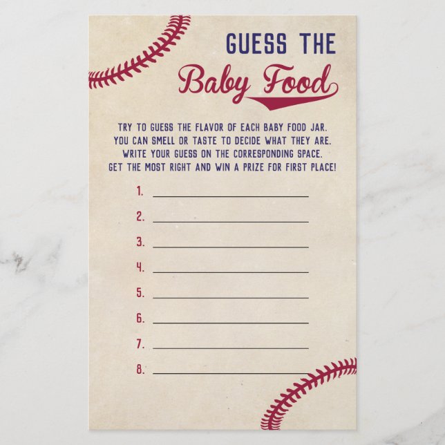 Baseball Baby Shower Raten Sie das Baby Food Game Flyer (Vorne)