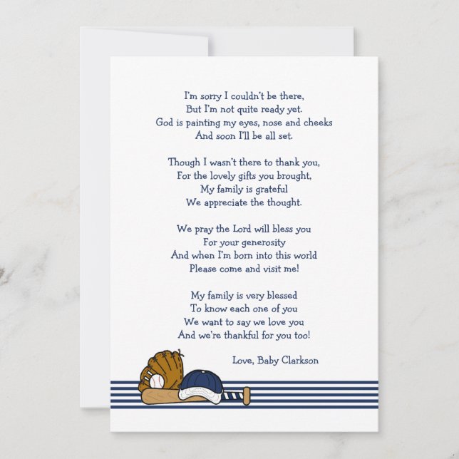 Baseball Baby Shower Vielen Dank für Ihr Gedicht Einladung (Vorderseite)