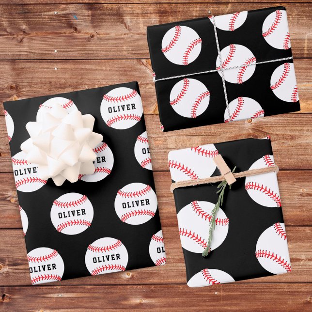 Baseball Ball Black Pattern Kids Name Geschenkpapier Set (Von Creator hochgeladen)