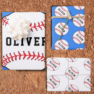 Baseball Ball Blau Muster Kinder Name Geburtstag Geschenkpapier Set