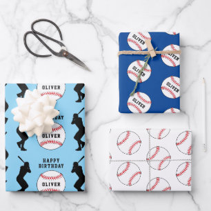 Baseball Ball Blau Sport Spieler Kinder Name Geschenkpapier Set