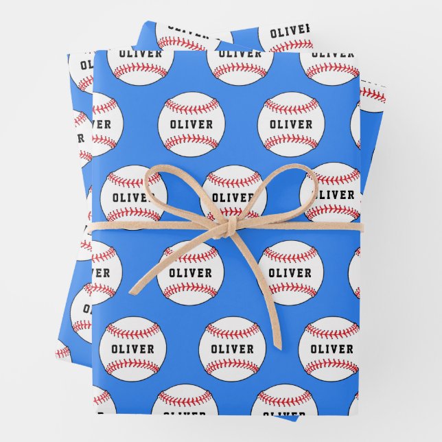 Baseball Ball Blue Muster Kids Name Geschenkpapier Set (Beispiel)