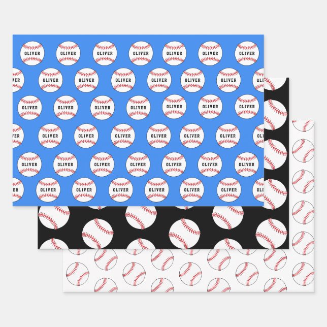 Baseball Ball Blue Muster Kids Name Geschenkpapier Set (Set)
