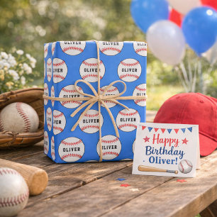 Baseball Ball Blue Muster Kids Name Geschenkpapier Set