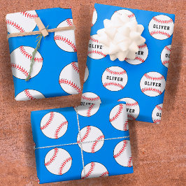 Baseball Ball Blue Muster Kids Name Geschenkpapier Set