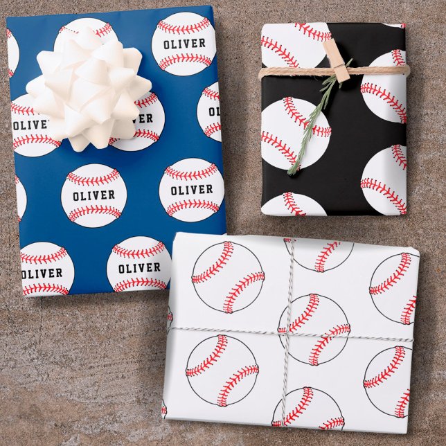 Baseball Ball Blue Muster Kids Name Geschenkpapier Set (Von Creator hochgeladen)