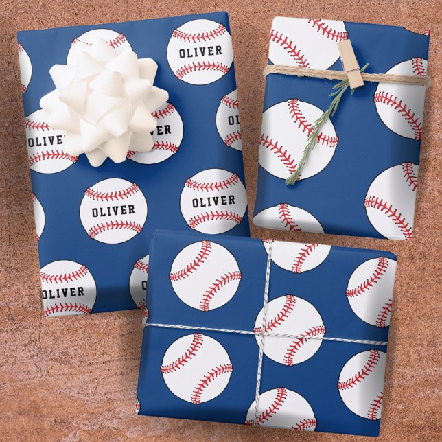 Baseball Ball Blue Muster Kids Name Geschenkpapier Set (Von Creator hochgeladen)