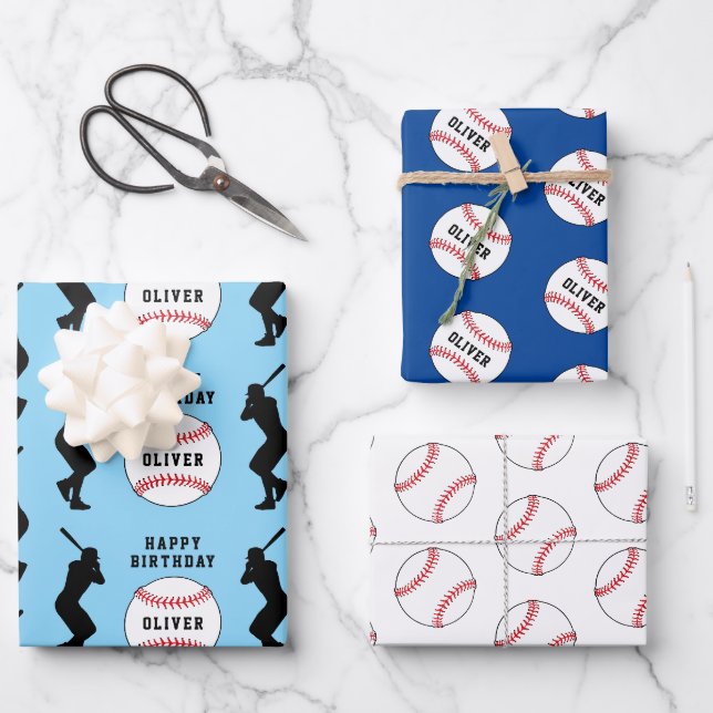 Baseball Ball Blue Sports Player Kinder Name Geschenkpapier Set (Vorderseite)