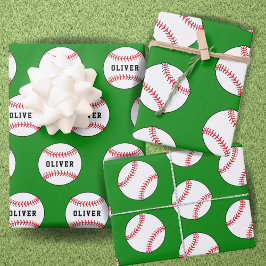 Baseball Ball Green Muster Kids Name Geschenkpapier Set