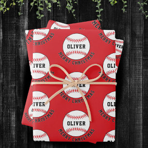 Baseball Ball Muster Kinder Name Frohe Weihnachten Geschenkpapier Set